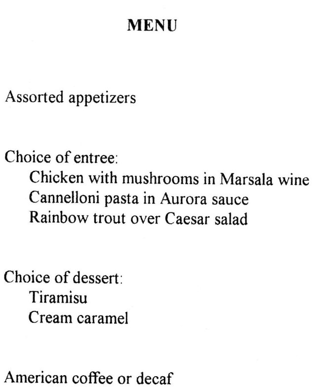 The actual menu of the fisrt lunch of the  Club del Vino